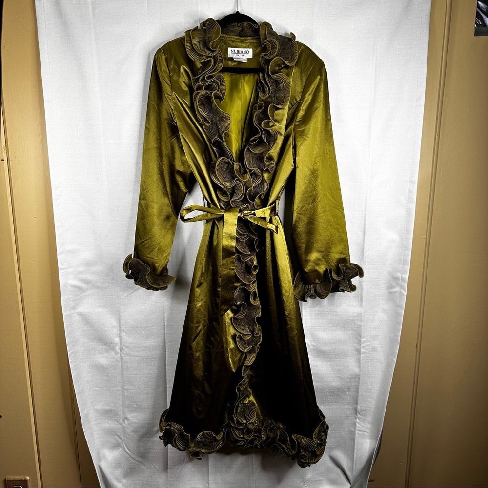 Nubiano green "ashro" dress suit long line ruffle duster length old money fall